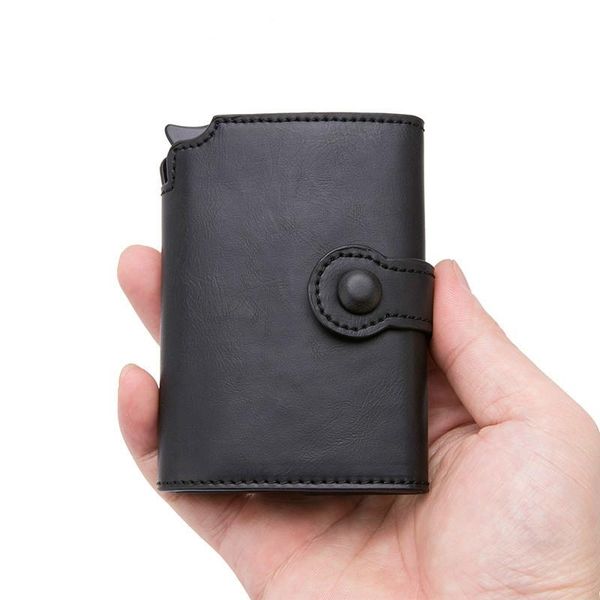 

card holders yambuto 2021 men button holder metal aluminum auto bounce rfid id case coin purse with zipper, Brown;gray