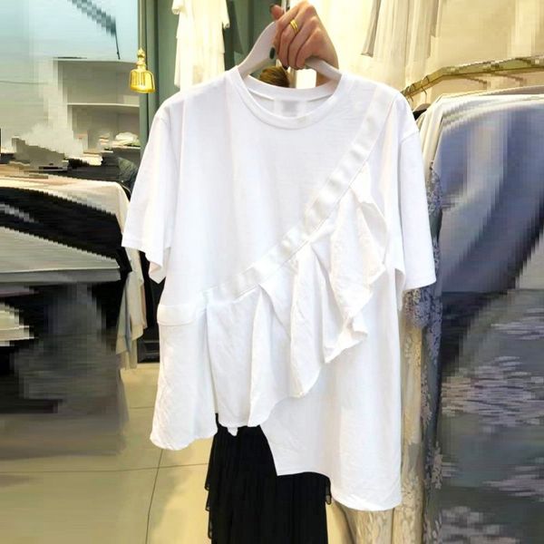 

summer new o neck short-sleeved ruffles patchwork white t-shirt women irregular casual loose 210421
