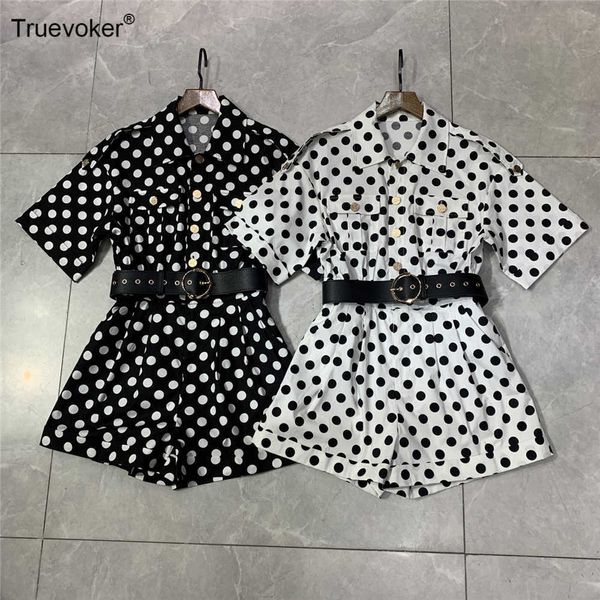 

truevoker summer runway fashion jumpsuit women's high end playsuits short sleeve dot print cotton party rompers 210602, Black;white