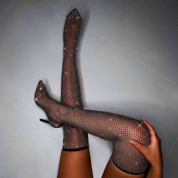 

sandals women over the knee thigh high mesh sock boots clear transparent shoes plus size 34-42 sadalias femininas, Black