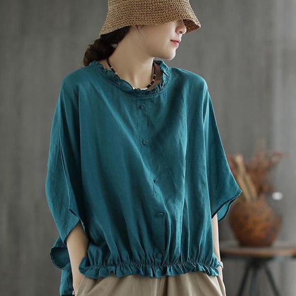 

johnature cotton linen loose leisure o-neck button half sleeve solid color irregular t-shirt summer all-match women 210521, White