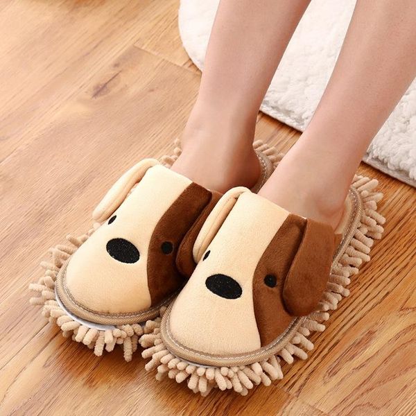 

slippers winter plush lovely dog 1pair home dust mop kitchen bathroom house floor cleaner shoes cute puppy warm, Black
