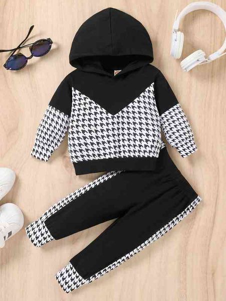 

baby houndstooth hoodie & sweatpants she, White