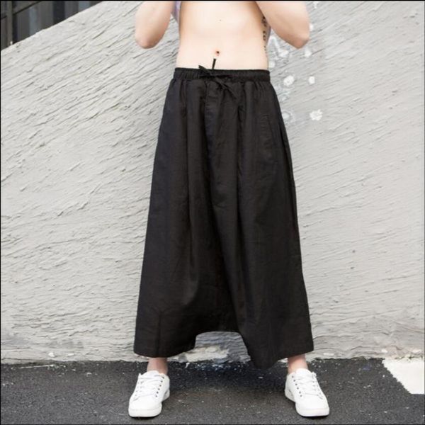 

men's pants m-4xl summer culottes men loose linen skirts big crotch collapse seven points low hanging harem costumes, Black