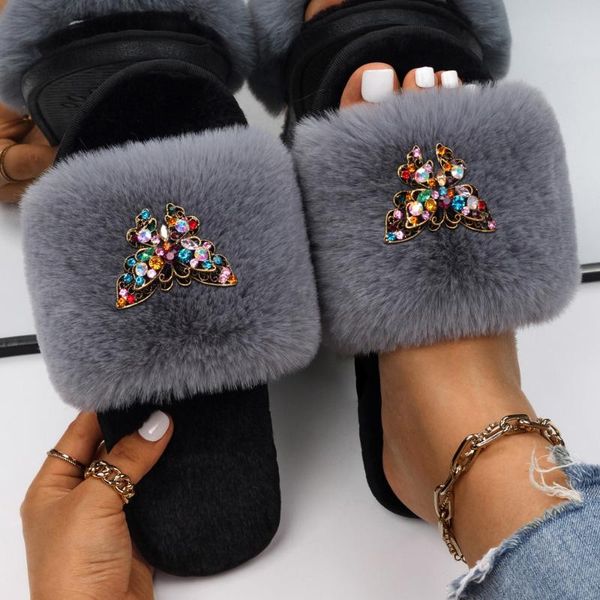 

slippers female color rhinestone butterfly fluffy slides flat faux fur sandals flip flop luxury designer cozy shoes, Black