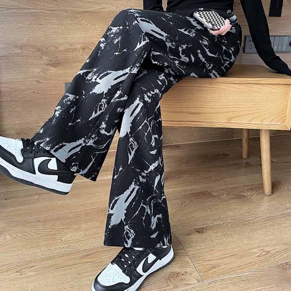 

women's pants & capris high waist tie dyed wide leg hanging feeling small straight tube floor mopping casual, Black;white