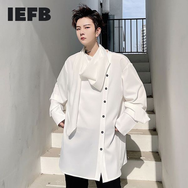 

iefb spring summer men's mid long white shirt design satin loose personality casual irregular lapel male 9y6652 210524, White;black