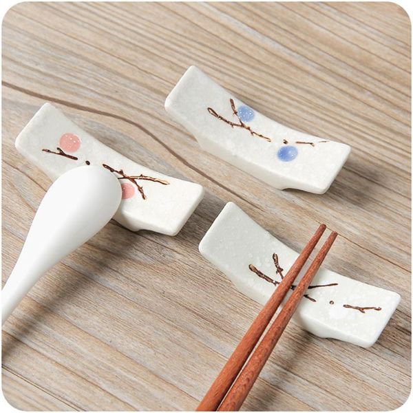 

4pcs plum blossom printing ceramic japanese style chopsticks stand rest rack spoon fork holder set