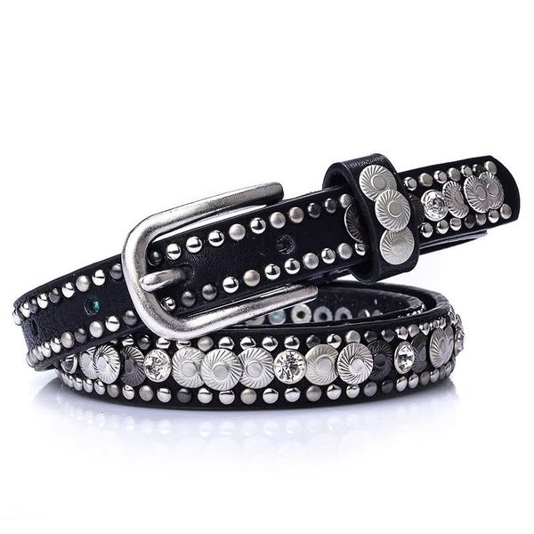 

belts 2cm inlaid round studs authentic leather belt metal sequins genuine waist strap for punk goth emo jeans decoration, Black;brown