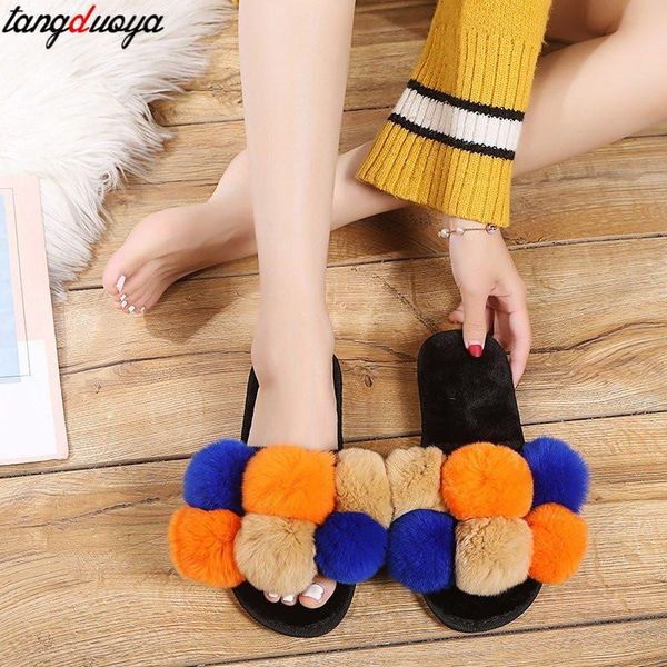 

cute winter plush slipper indoor home warm shoe women house slippers with pompom balls fur shoes zapatos de mujer, Black
