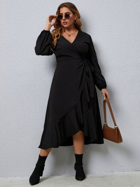 

plus bishop sleeve ruffle trim tie side wrap dress 61i9#, Black