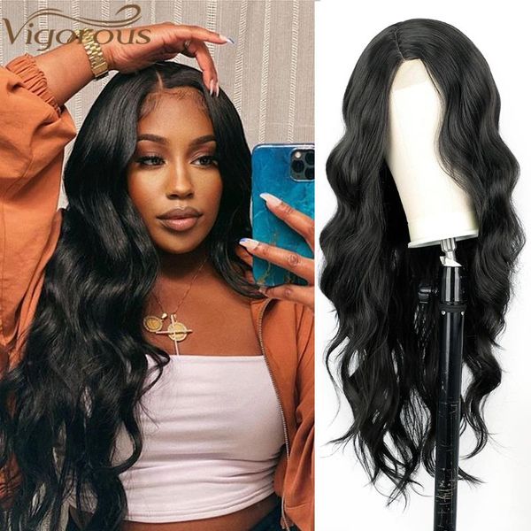 

synthetic wigs vigorous long body wavy wig black for women side part natural heat resistant fiber hair