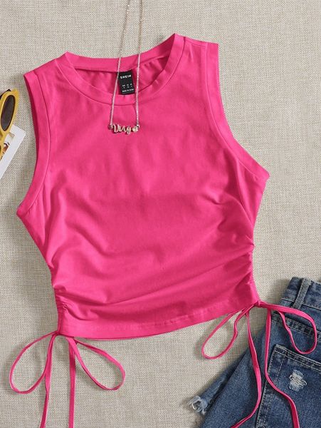 

drawstring ruched side crop tank w78e#, White