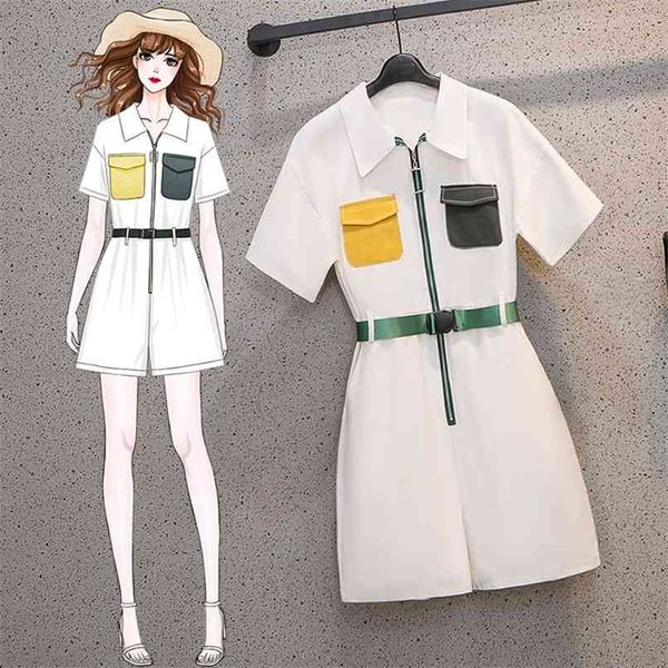 

summer white cargo pants women lapel zipper stitching color playsuits high waist plus size rompers 210602, Black;white