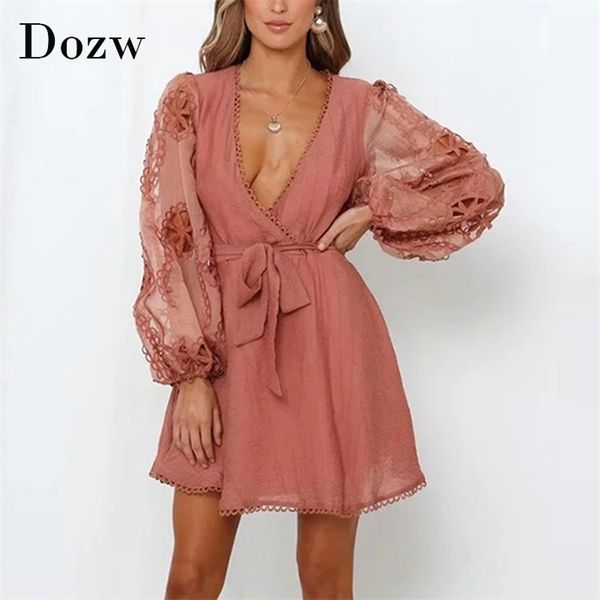 

women chic embroidery patchwork dress v neck pink color stylish bandage es lantern long sleeve mini vestidos 210515, Black;gray