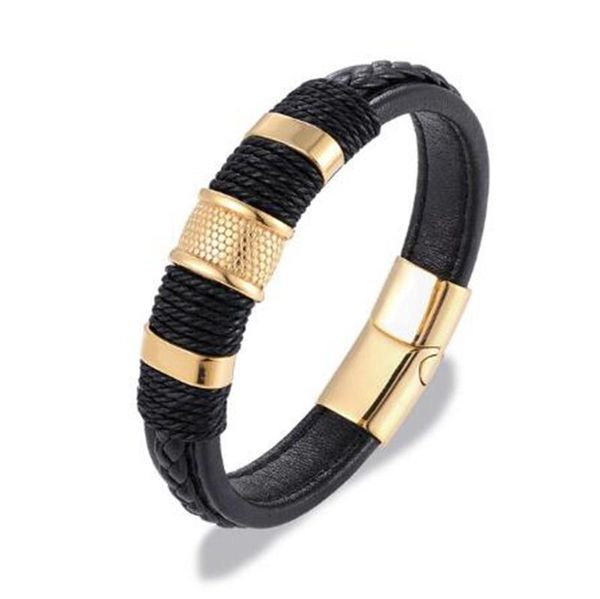 

bangle multilayer braided genuine leather bracelet titanium stainless steel magnetic buckle menbraided jewelry, Black
