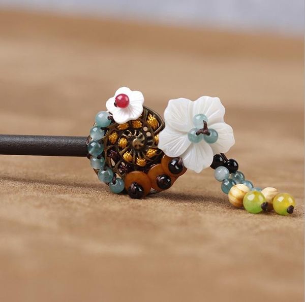 

hair clips & barrettes 3 colors old chinese wind nature stones hairpin , shell flowers ethnic accessories, classical vintage sticker, Golden;silver