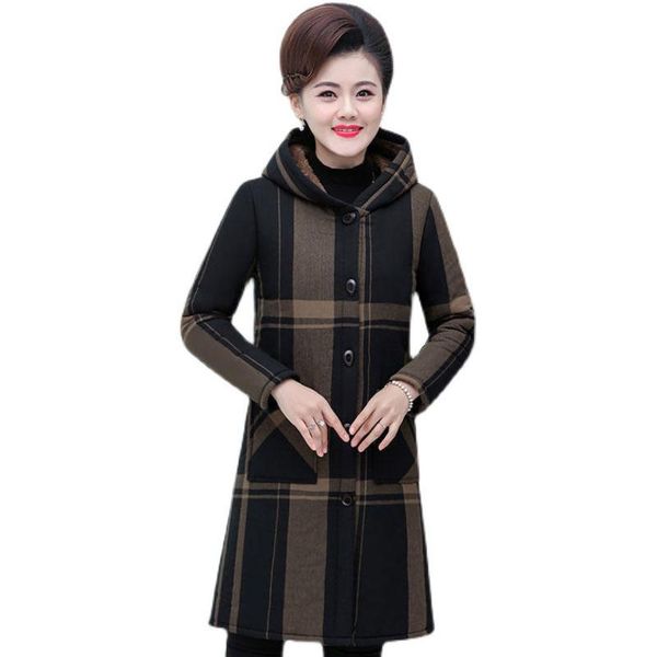 

women's trench coats elegant lady mother plus velvet 2021 autumn and winter coat middle-aged casual hooded thick warm long overcoat f08, Tan;black