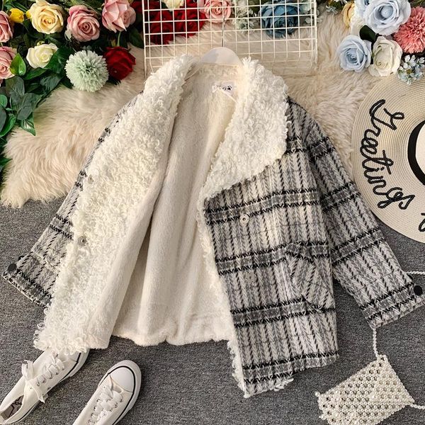 

women's wool & blends korean chic plaid lamb patch thick warm jacket small fragrance fake pocket design coat femme autumn winter outwea, Black