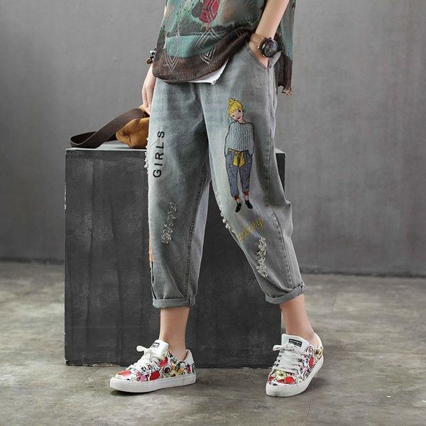 

korea fashion spring cartoon womens jeans embroidery loose denim cargo pants harem elastic waist vintage hole calf length d115, Blue