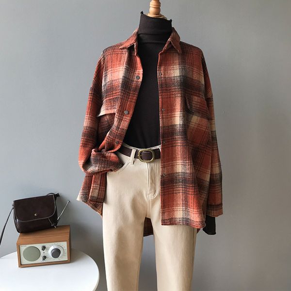 

spring autumn chic casual plaid shirt women long-sleeved loose korean clothes 210514, White