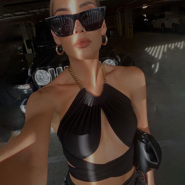 

fashion bandage chain halter crop for women hollow sleeveless cropped club party outfits summer 2021high quality, White