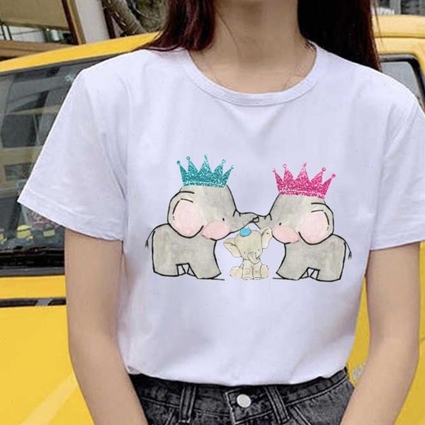 

elephant womens t shirts family print shirt women short sleeve o neck loose summer tee camisetas mujer, White