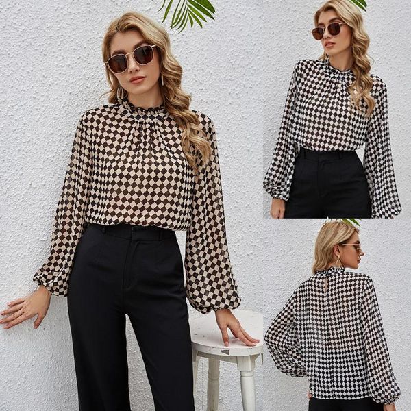 

women's blouses & shirts casual for women 2021 long sleeve chiffon office lady loose fashion clothing plaid, White
