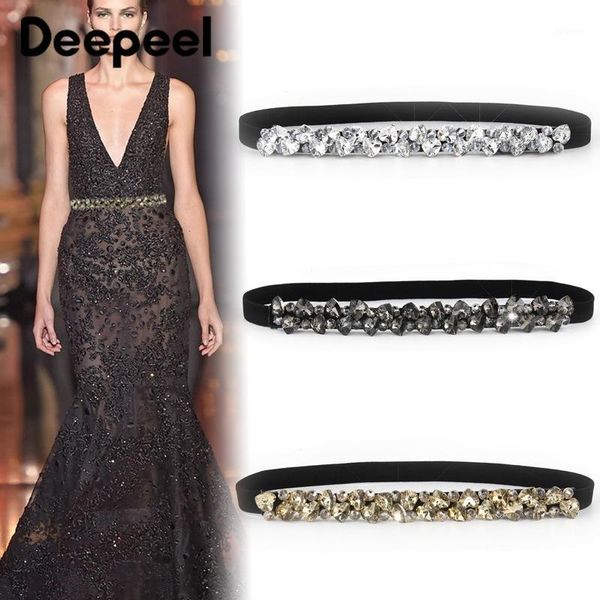 

belts deepeel 65cm decorative cummerbund female rhinestone elastic crystal women's waist girdle dress for 60-80cm1, Black;brown