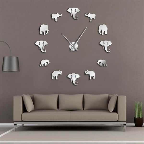 Dschungeltiere Elefant DIY Große Wanduhr Home Decor Modernes Design Spiegeleffekt Riesige rahmenlose Elefanten DIY Uhr Uhr 210401