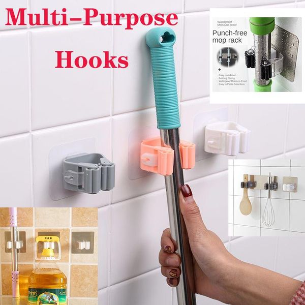 

hooks & rails adhesive multi-purpose wall mounted mop organizer holder brush/broom/rack for kitchen bathroom hanger strong