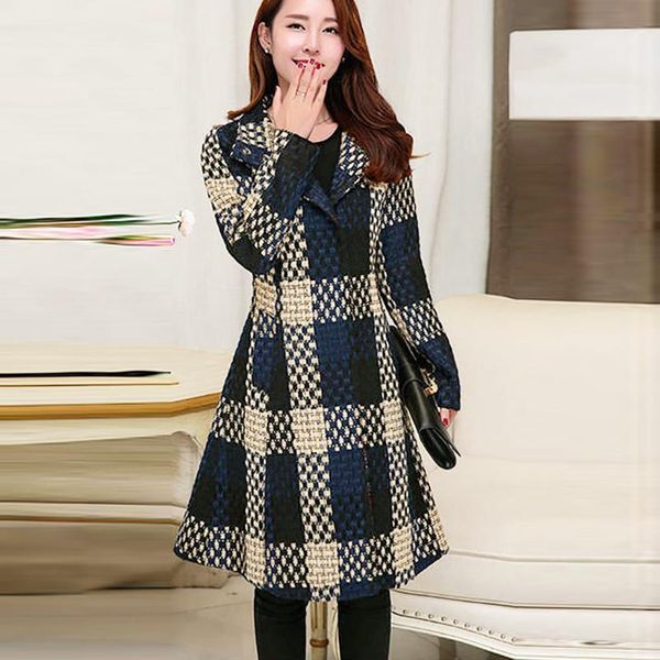 

women's wool & blends jaycosin winter coat blended plaid belt slim trench long sleeve turn-down collar oversize jackets warm 8hxl, Black