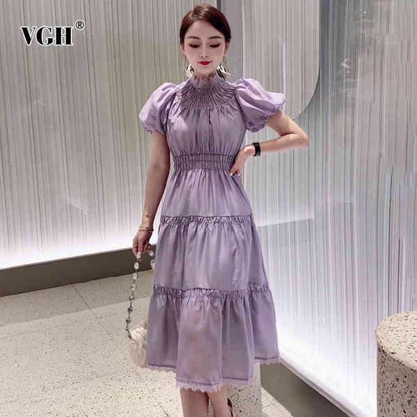 

vgh white sweet patchwork lace dress for women stand collar puff short sleeve high waist elegant midi dresses female summer 210421, Black;gray