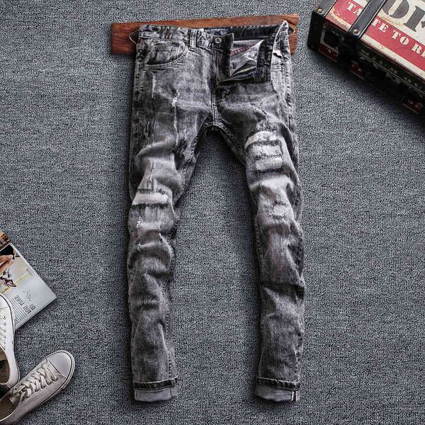 

jeans newly designer fashion men jeans retro gray slim fit ripped cotton denim pants homme streetwear vintage hip hop long trousers, Blue