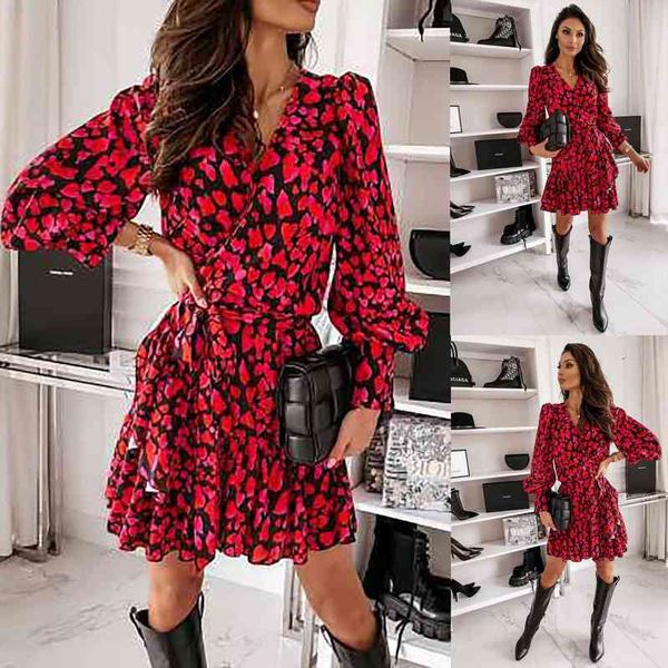 

petal sleeve fashion womens dresses v neck print high waist long mid length dress red printing mini, Black;gray
