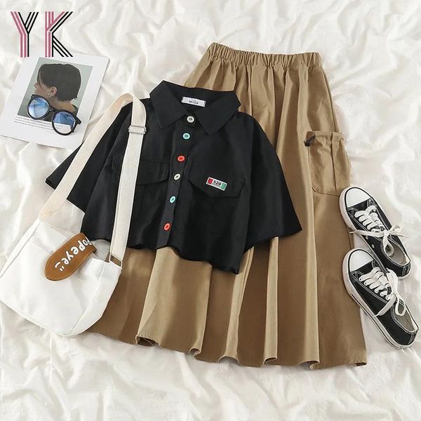 

skirts women pleated high waist streetwear safari black long skirt short sleeve blouse set harajuku clothes sets 2021