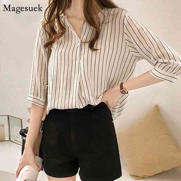 

blusas summer plus size women and blouse female v-neck stripe shirt casual slim chiffon shirts 0753 210518, White