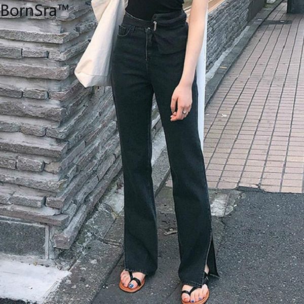 

women's jeans bornsra 2021 spring high waist for women chic straight denim split loose streetwear female black femme, Blue