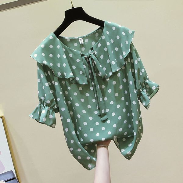 

f~ je female summer shirt plus size half polka dot offset chiffon printed sweet shirts peter pan turtleneck ruffles d24 blouse, White