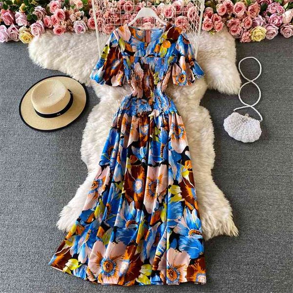 

summer fashion round neck chiffon vestidos female trumpet sleeves seaside vacation travel bohemian floral midi dress c652 210506, Black;gray