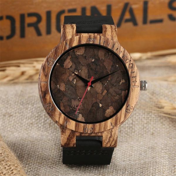 

wristwatches crack leaf round dial wood watch quartz men black genuine leather wrist watches red seconds display natural wooden clock, Slivery;brown