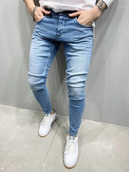 

men's jeans punk skinny slim denim pants pencil trousers plus size men ripped hole patchwork streetwear, Blue