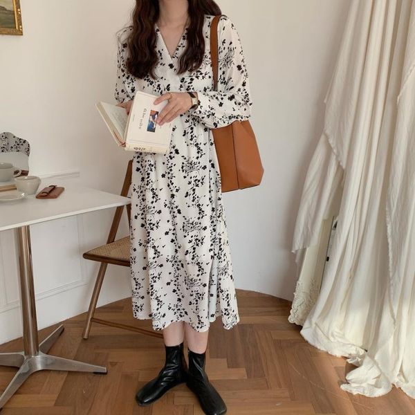 

dresses women elegant french retro office lady floral printing long gentle chic female fashion clothe, Black;gray