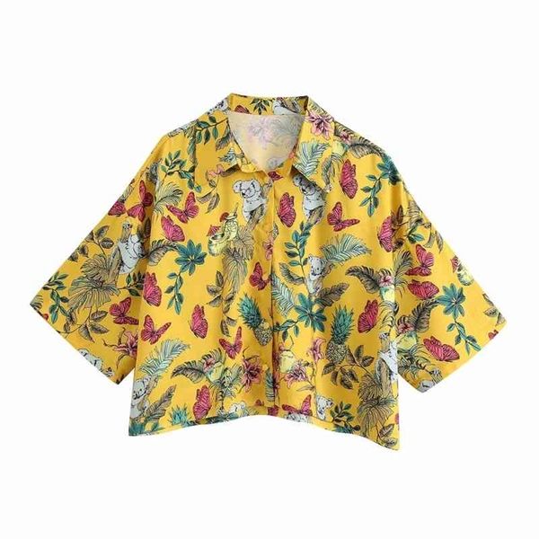 vintage boho vrouwelijke korte shirts zomer gele bloemen damesblouses twill patroon damesmode meisjes 210527