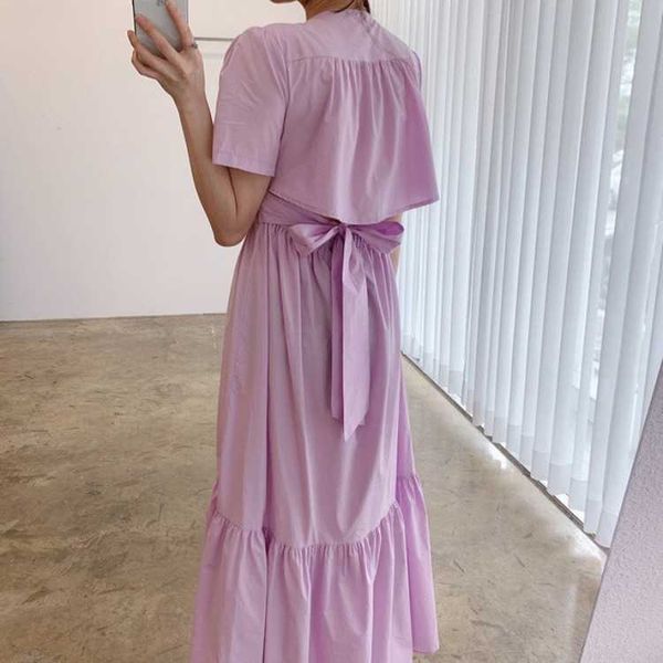 

spring and summer korean fashion elegant sweet backless short-sleeved dress with bowknot cotton pleated female 210615, Black;gray