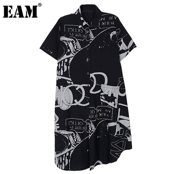 

[eam] women black white letter print ruffles dress lapel short sleeve loose fit fashion spring summer 1dd7138 210512, Black;gray
