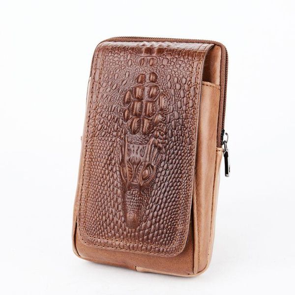 

vintage men's leather cell phone running bag wear belt verticle multi-functional crocodile ultra-thin mobile waist bags