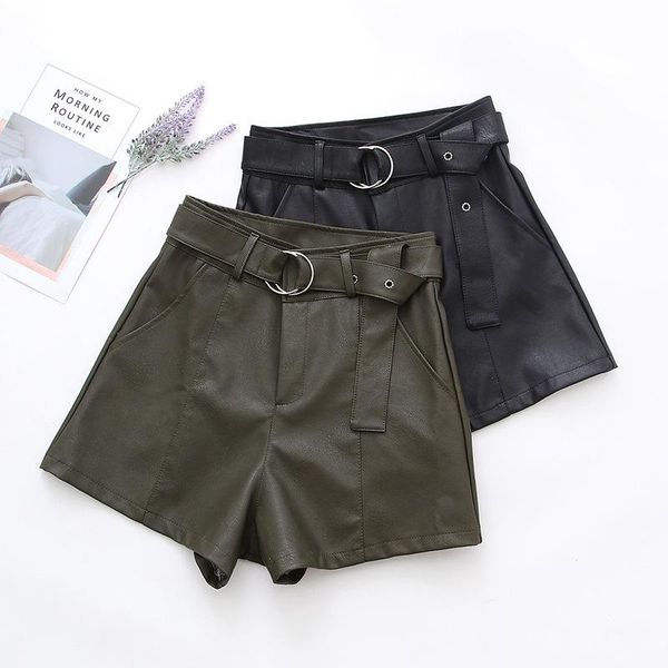 

women's shorts wynne gadis simple solid color pu leather autumn sashes loose women girl straight, White;black