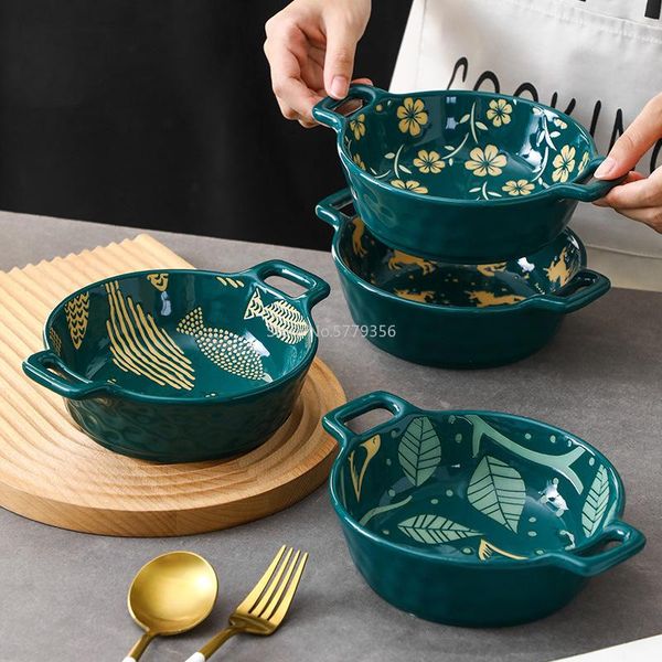

binaural round bowl japanese ramen dark green underglaze ceramic tableware household noodle salad oven bowls