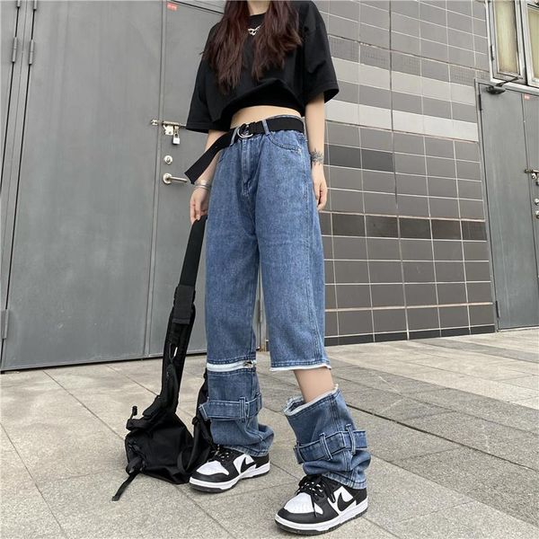 

women's jeans 2021 fashion straight high waist streetwear baggy denim trouser harajuku sense of design wide leg pants, Blue